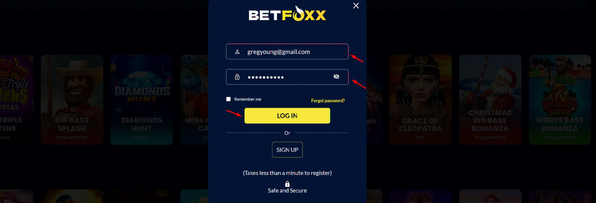 Betfoxx Casino login interface